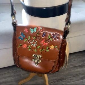 Floral Embroidered Brown Leather Bag